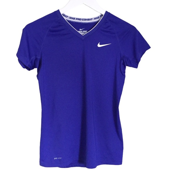 NIKE PRO COMBAT Logo Print Fitted Tee/Top With V Neck Purple Size Small - Picture 3 of 10
